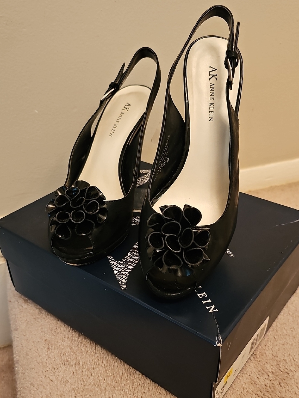 Anne Klein Black Peep-Toe Slingback Heels with Flower Appliqué